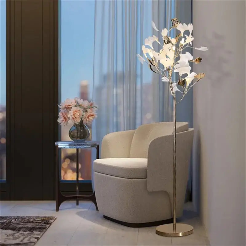 Elegant white and gold decorbites ginkgo flower floor lamp with delicate illuminated blossoms for modern living room decor
