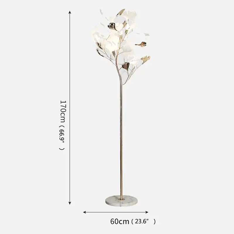 Modern gold ginkgo flower floor lamp with metallic stem marble base and white blossoms for living room decorbites ginkgo flower decor