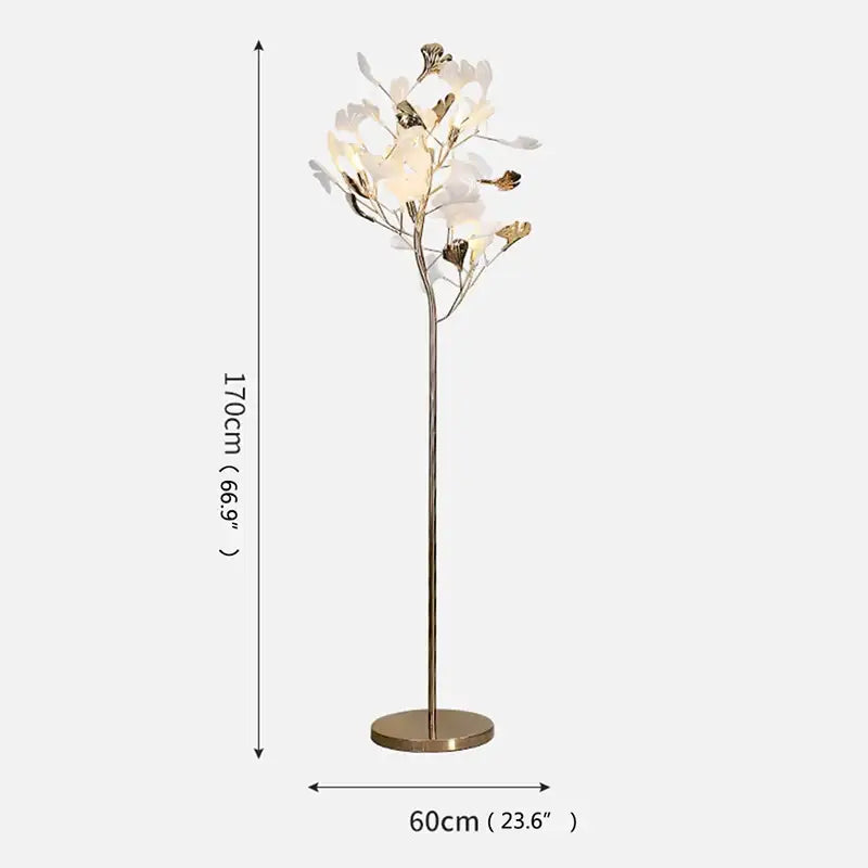 Modern gold ginkgo flower floor lamp with slender metal base and white delicate lights for elegant living room decorbites decor
