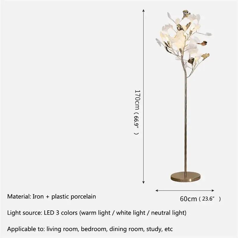 Modern gold ginkgo flower floor lamp with gold iron base and white porcelain blossoms for elegant living room decorbites decor