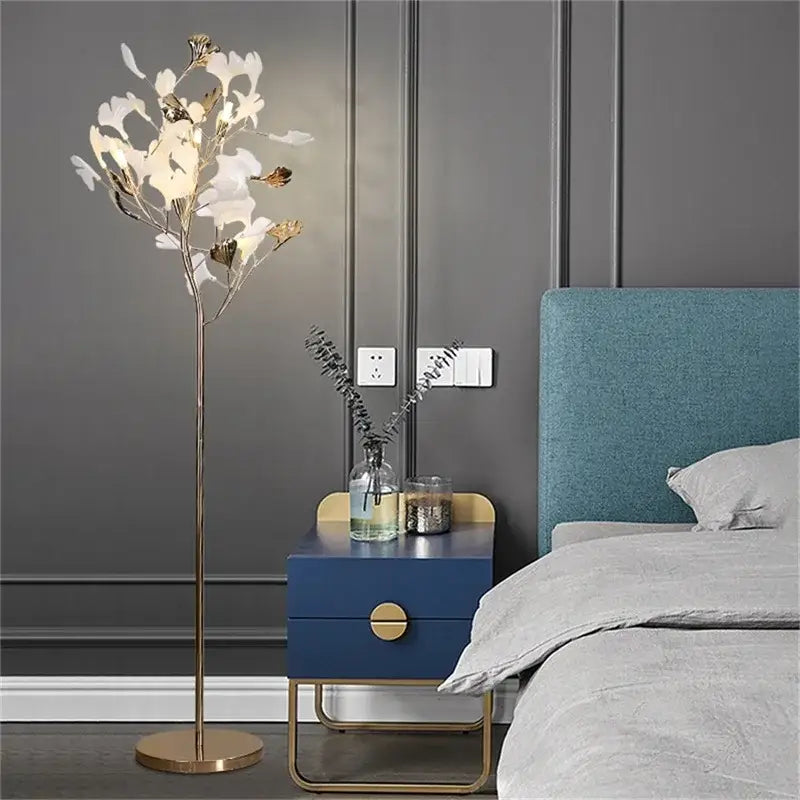 Modern gold ginkgo flower floor lamp with delicate white and gold leaf-shaped light fixtures for living room decorbites decor