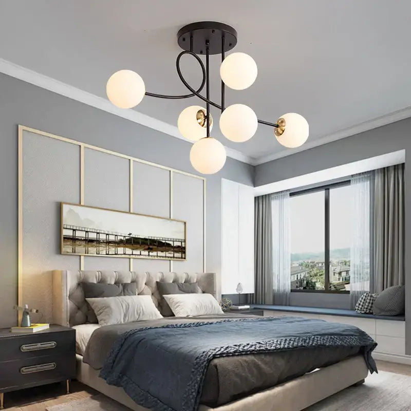 Modern black metal ceiling chandelier with six frosted glass globes decorbites glass ball led living room light