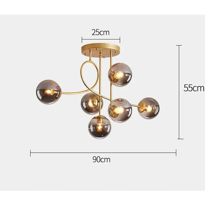 Modern gold glass ball led ceiling chandelier with six smoked glass globe shades and curved metallic arms for living room decorbites glass ball