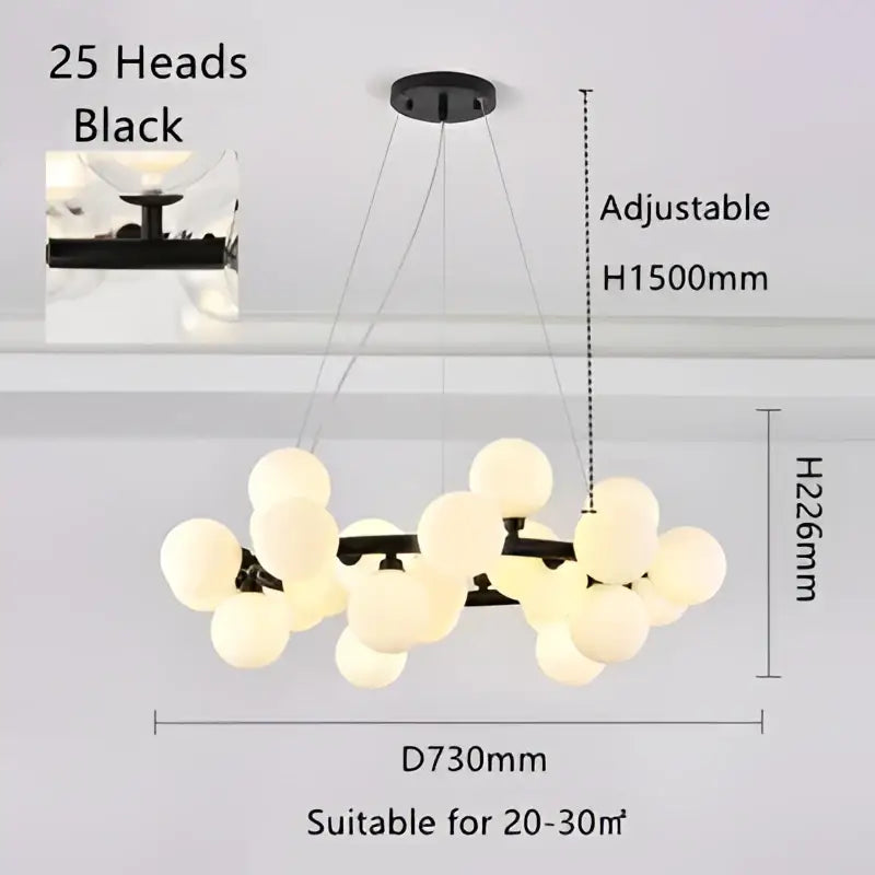Black metal ball led chandelier with 25 frosted glass globes for modern decorbites glass ball dining room lighting