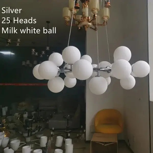 Modern gold decorbites glass ball led chandelier with 25 milk white glass globes and polished silver chrome frame