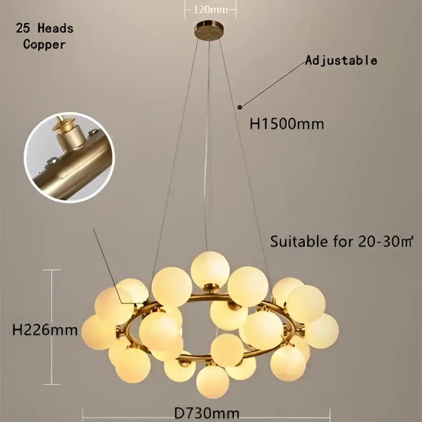 Modern gold glass ball led chandelier with 25 frosted glass globes in a circular design for dining room decorbites glass ball