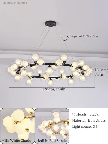 Black iron and glass ball led chandelier with 45 milk white globes for modern dining room decorbites glass ball lighting
