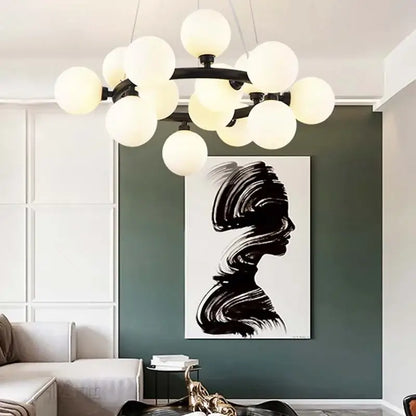 Modern black metal ball led chandelier with frosted glass globe bulbs for dining room decorbites glass ball lighting