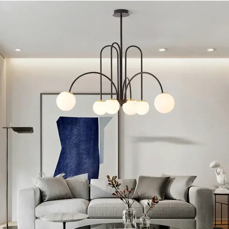 Black metal six frosted glass globe ball led chandelier for dining room modern decorbites glass ball lighting