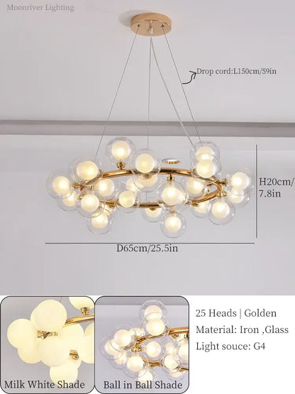 Modern gold glass ball led chandelier with 25 milk white glass globes suspended from an iron frame for dining room decorbites glass ball