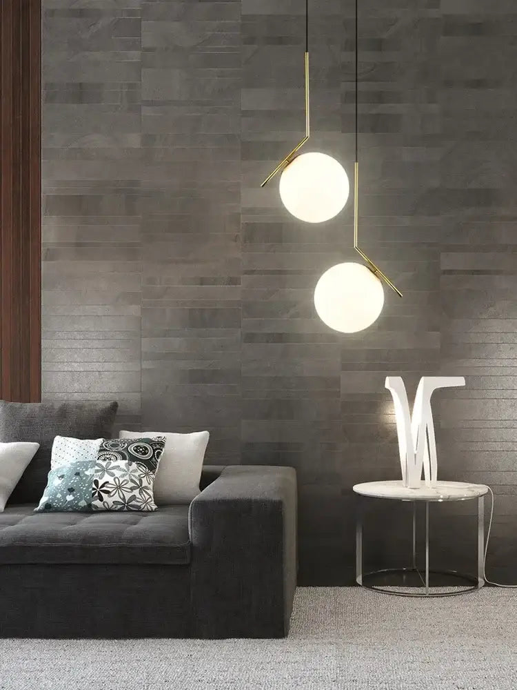 Modern gold glass ball led chandelier light with spherical white glass shades and slender metal arms for decorbites lighting