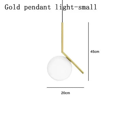 Modern gold glass ball led chandelier light with a sleek curved stem and smooth white glass shade for bedroom decorbites