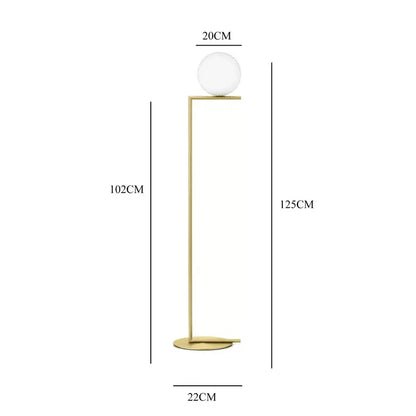 A modern gold glass ball led chandelier light floor lamp with polished metal frame and frosted spherical shade for decorbites