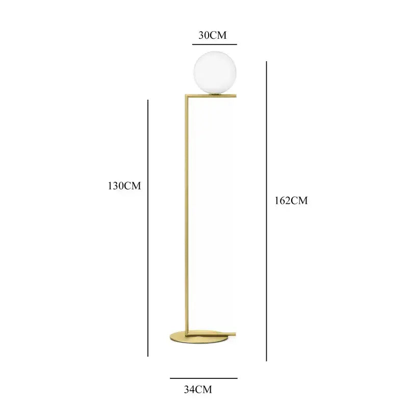 A modern gold floor lamp with a polished metal frame and frosted decorbites glass ball led chandelier light shade