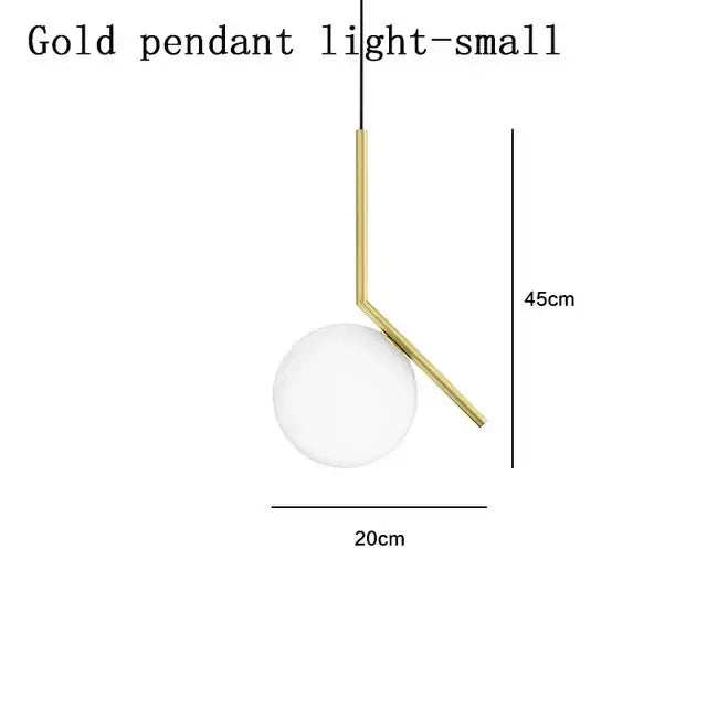 A modern gold chandelier light with a sleek curved stem and white glass ball led shade for living room decorbites