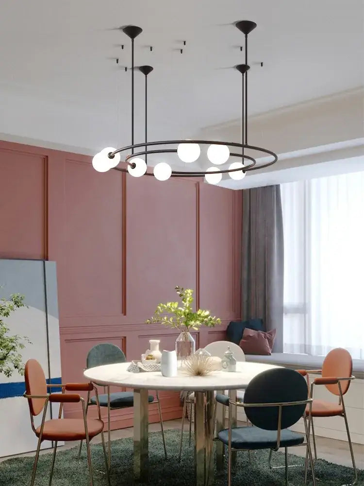 Modern black metal chandelier with multiple white glass ball led bulbs for decorbites glass ball pendant light