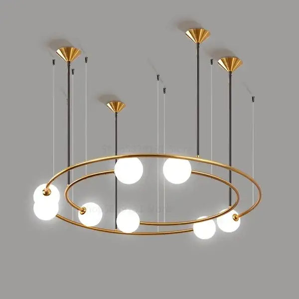 Modern gold glass ball led chandelier with spherical white glass bulbs and fan-shaped metallic fixtures for living room decorbites glass ball