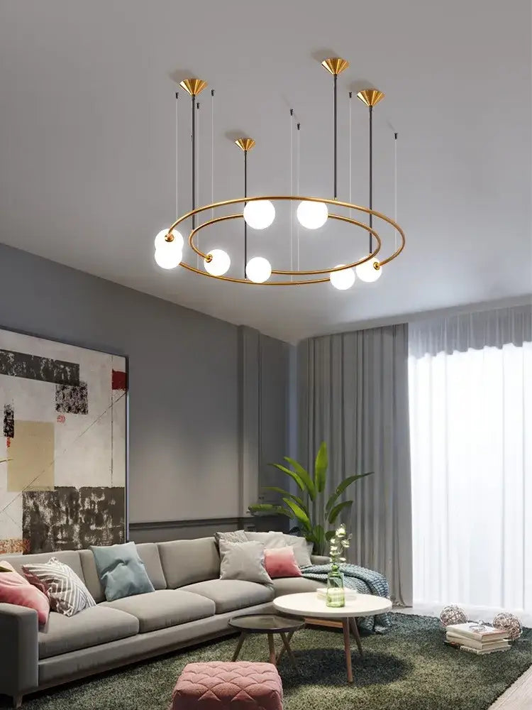 Modern gold glass ball led chandelier with circular frame and white spherical bulbs for living room decorbites glass ball