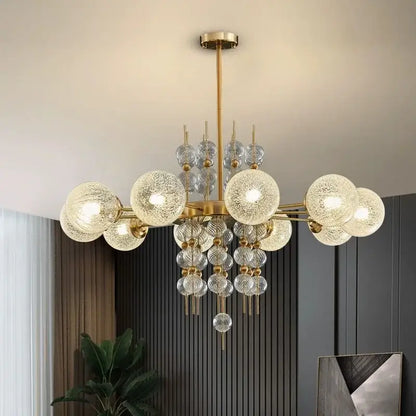 Modern gold glass ball led pendant light with clear textured glass spheres and crystal accents for kitchen island decorbites