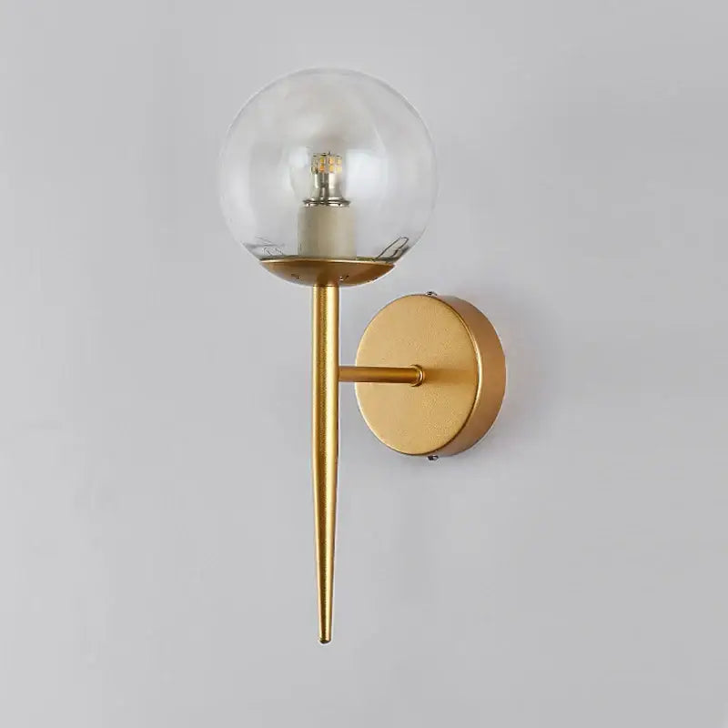 Modern gold glass ball led wall lights featuring a gold-toned glass ball led globe and exposed bulb for bedroom decorbites wall lights