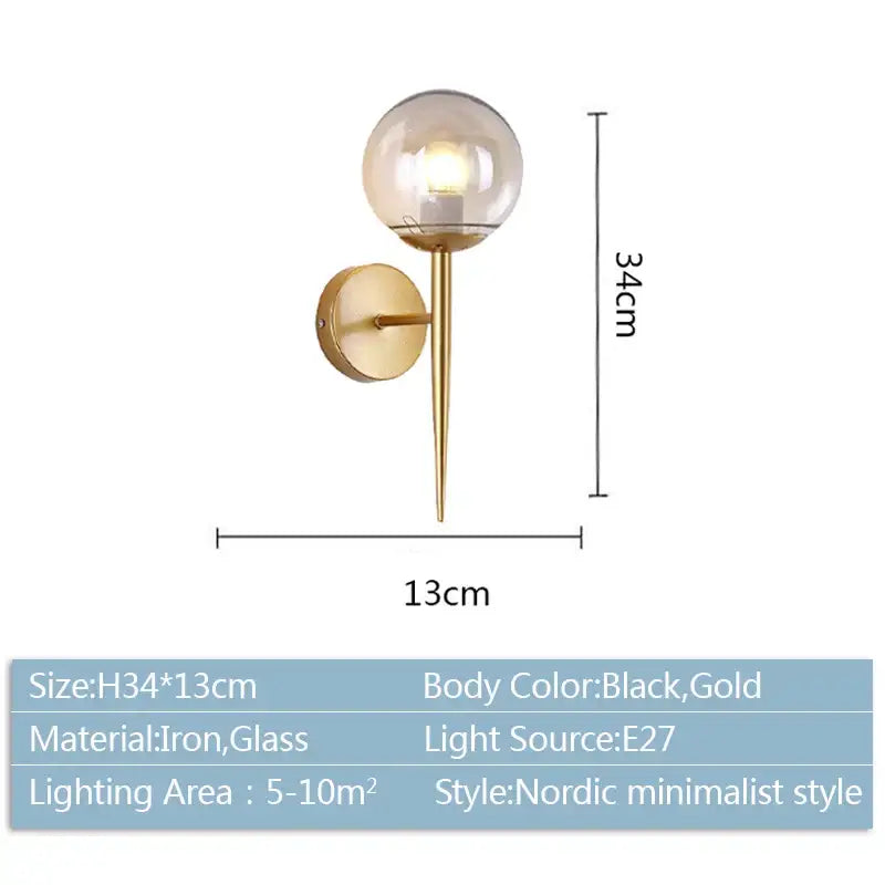 Modern gold glass ball led wall lights featuring a spherical glass globe and slender iron stem for bedroom decorbites wall lights