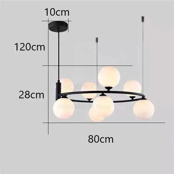 Modern black metal ball pendant chandelier with eight frosted glass globes for dining room decorbites glass ball light