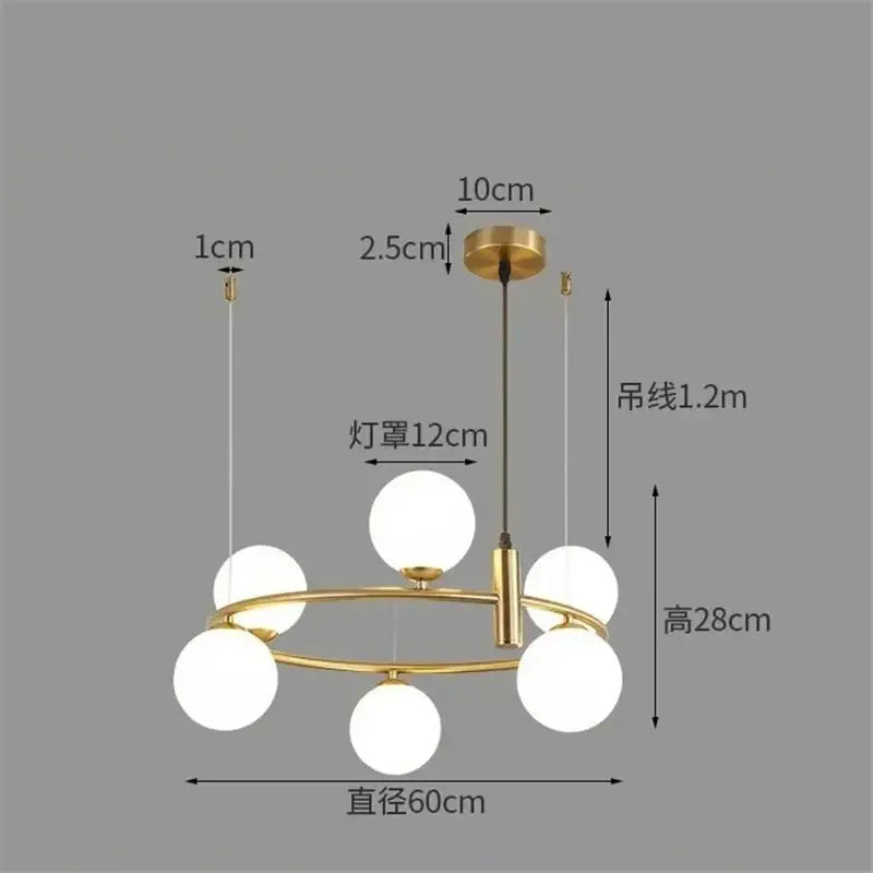 Modern gold glass ball pendant chandelier with six frosted glass globes in a circular design for dining room decorbites glass ball