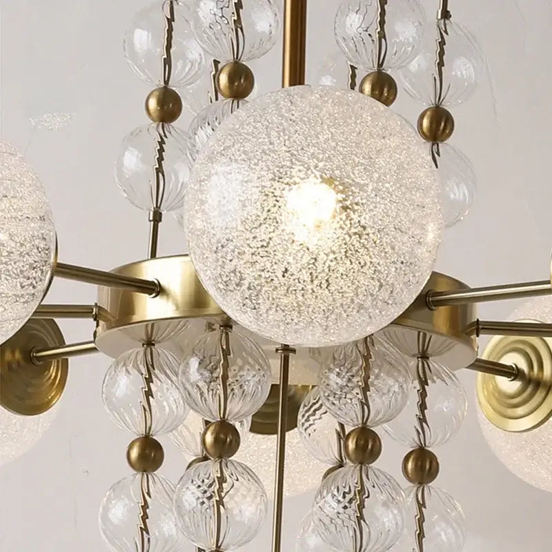 Modern gold glass ball pendant chandelier with brass fixture and textured clear glass spheres for kitchen island decorbites glass ball