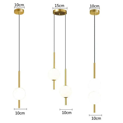 Modern gold glass ball pendant light with frosted glass spheres and gold-toned cylindrical rods in 10cm or 15cm lengths