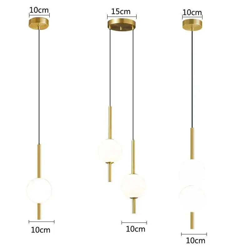 Modern gold glass ball pendant light with frosted glass spheres and gold-toned cylindrical rods in 10cm or 15cm lengths