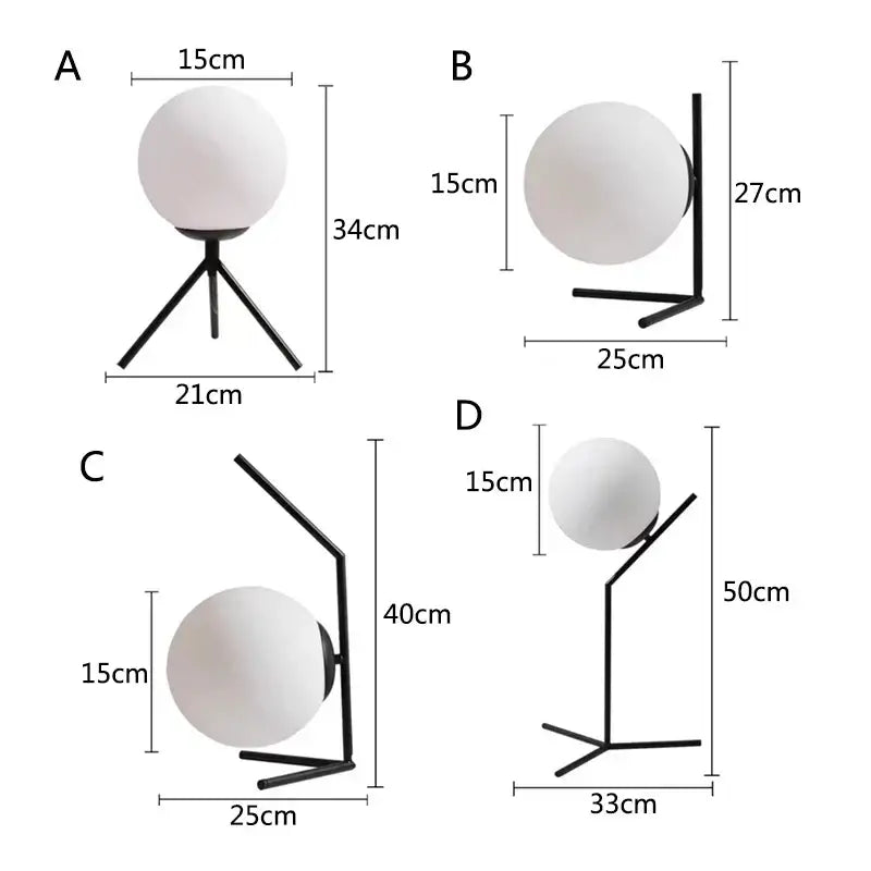 Modern gold decorbites glass ball table lamp with frosted white globe and black metal stand in four minimalist designs