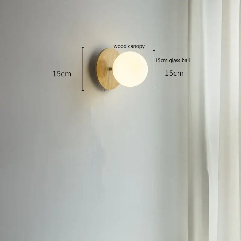 Minimalist wall lights with warm wooden canopy and 15cm frosted decorbites glass ball for bedroom decor