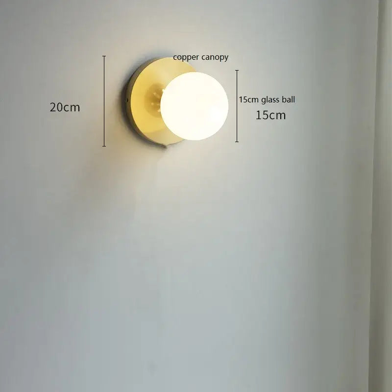 Modern gold glass ball wall lights with polished copper canopy and 15cm frosted glass globe for bedroom decorbites wall lights