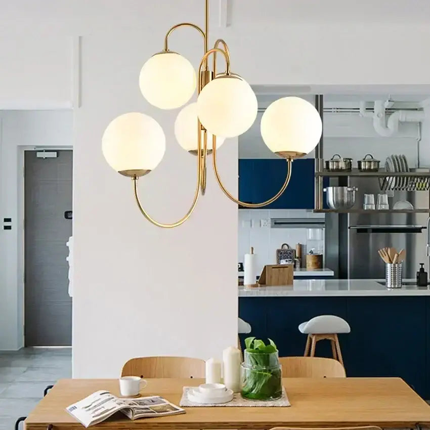 Modern gold glass balls chandelier pendant light with five frosted glass globe shades for dining room decorbites pendant light