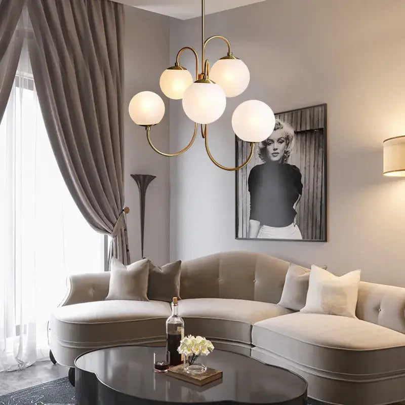Modern gold glass balls chandelier with five frosted glass globe shades pendant light for dining room decorbites