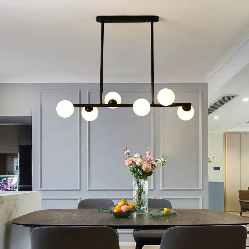 Black metal glass balls chandelier with six white spherical globes for modern dining room decorbites glass balls design