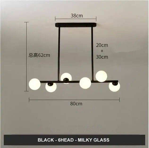 Black modern chandelier with six spherical milky glass light heads for dining room by decorbites glass balls chandelier