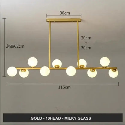 Modern gold glass balls chandelier with ten milky glass bulbs in a linear design for dining room decorbites glass balls
