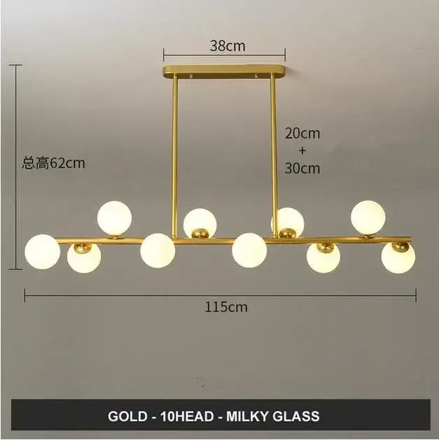 Modern gold glass balls chandelier with ten milky glass bulbs in a linear design for dining room decorbites glass balls