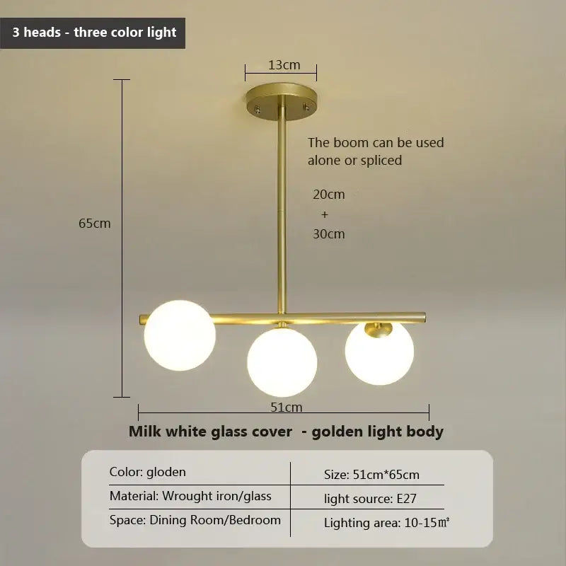 Modern gold glass balls chandelier with three spherical milk white glass shades and wrought iron frame for dining room decorbites glass balls