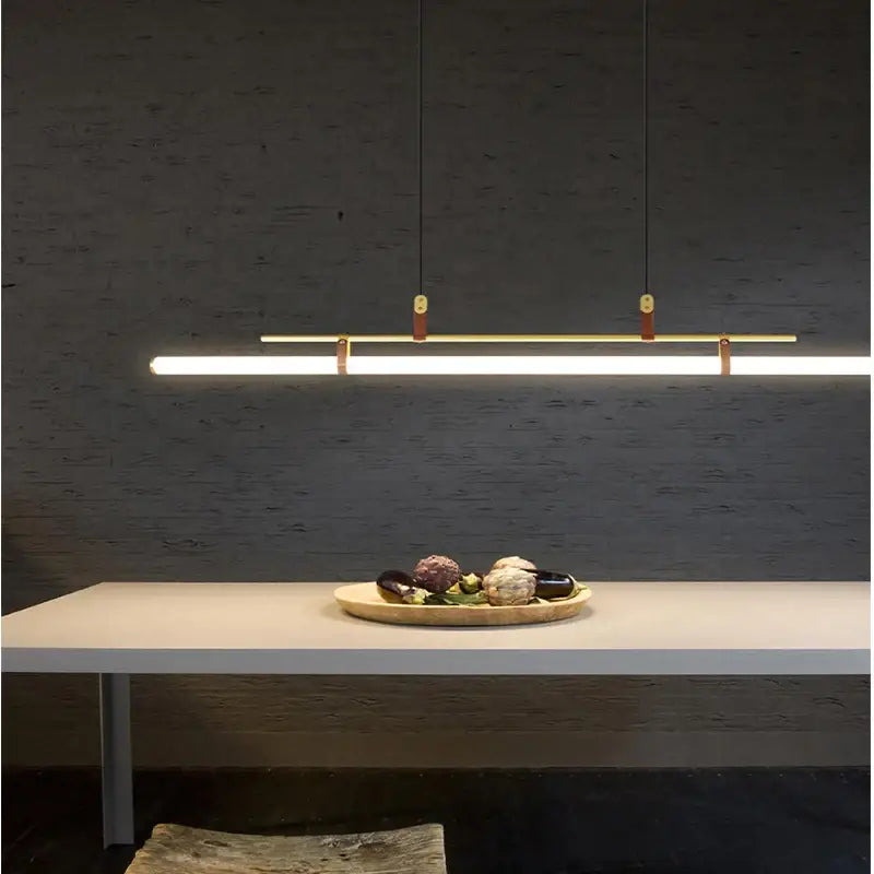 Modern gold glass belt chandelier dining room led pendant light with sleek rectangular design and brass decorbites glass belt accents