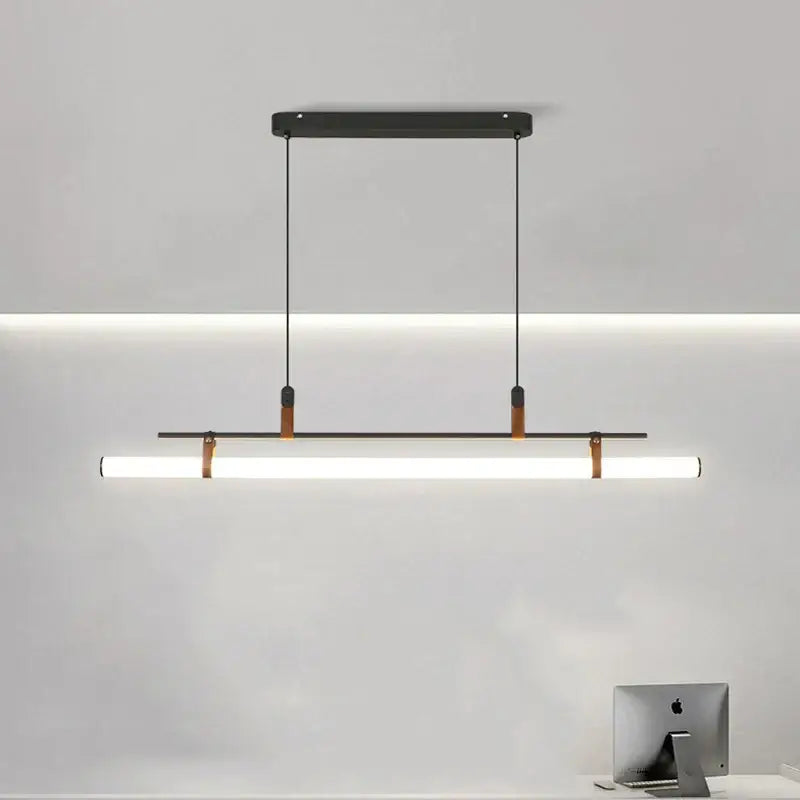 Modern black metal pendant light with warm leather accents and cylindrical led bar for decorbites glass belt chandelier