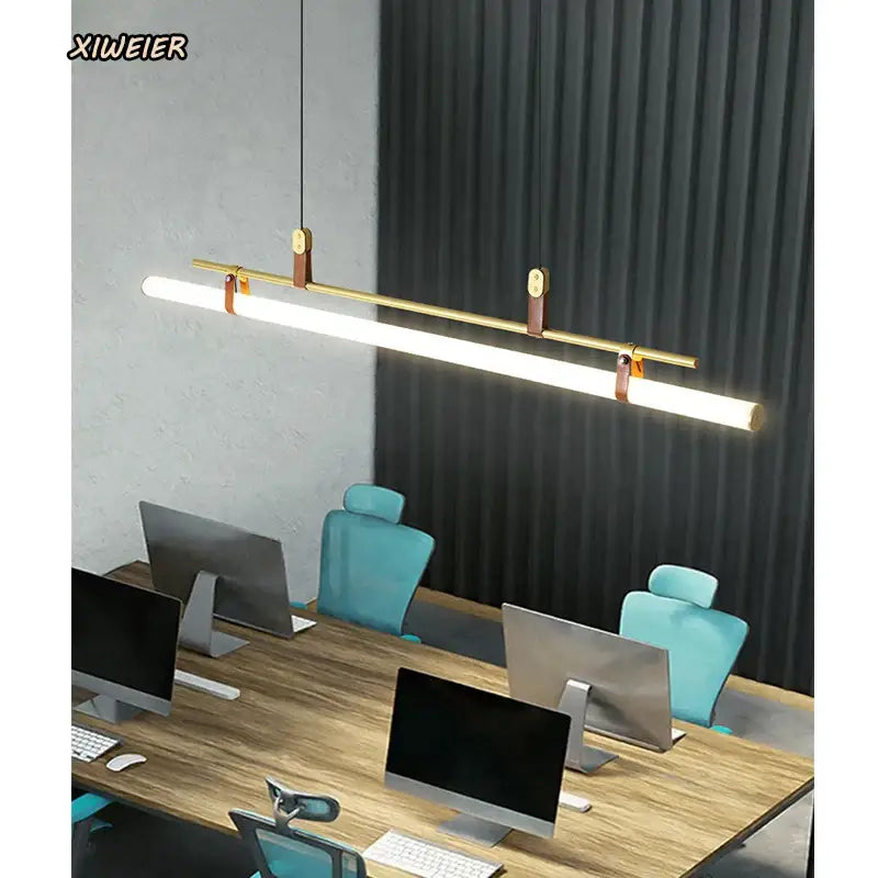 Modern gold glass belt chandelier featuring a gold-toned bar pendant light with leather straps by decorbites glass belt