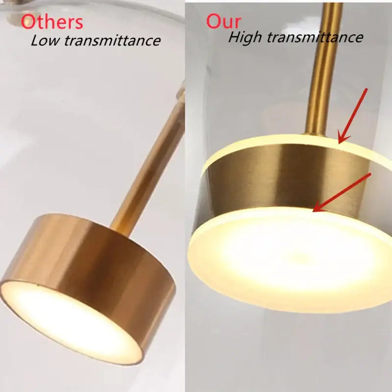 Brass-finished cylinder pendant light with translucent diffuser and warm glow in modern gold glass bubble ball led chandelier design