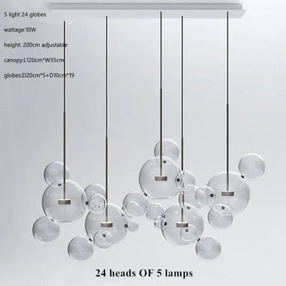 Modern gold glass bubble ball led chandelier with five lamp heads and 24 transparent globes for dining room decorbites glass bubble