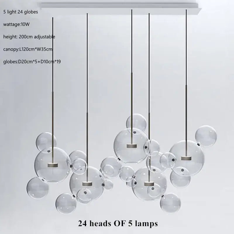 Modern gold glass bubble ball led chandelier with five lamp heads and 24 transparent globes for dining room decorbites glass bubble