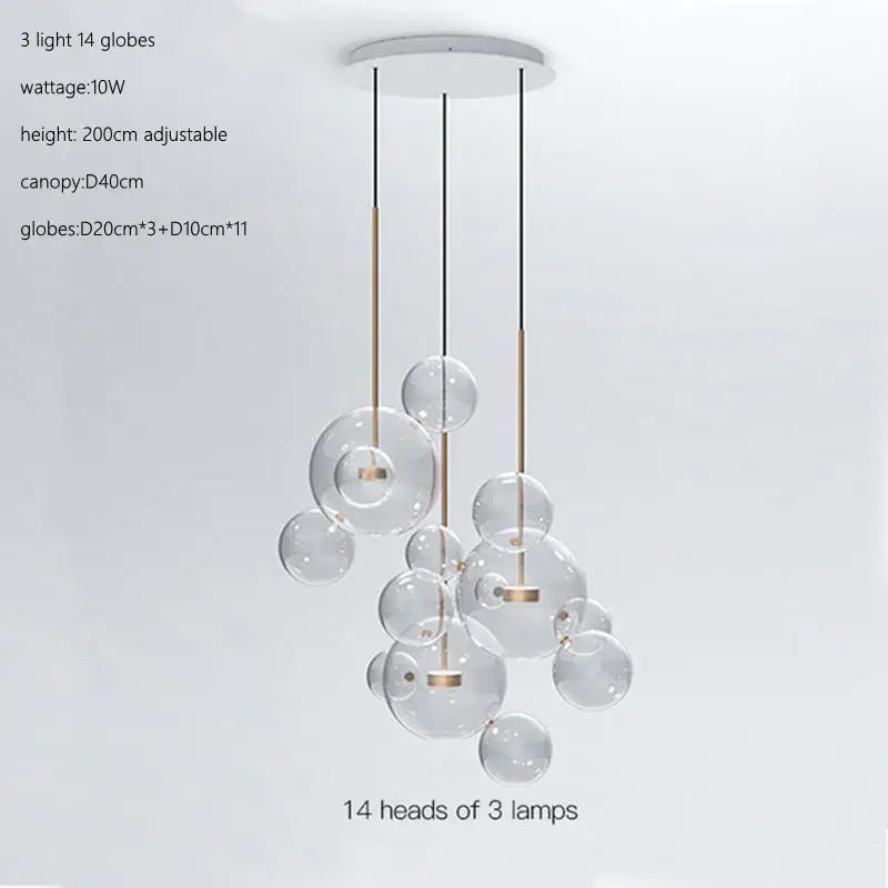 Modern gold glass bubble ball LED chandelier with glass bubble and brass-toned rods for dining room decorbites glass bubble