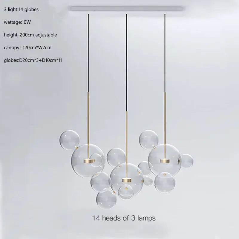 Modern gold glass bubble ball led chandelier with glass bubble decorbites and black cords for dining room lighting