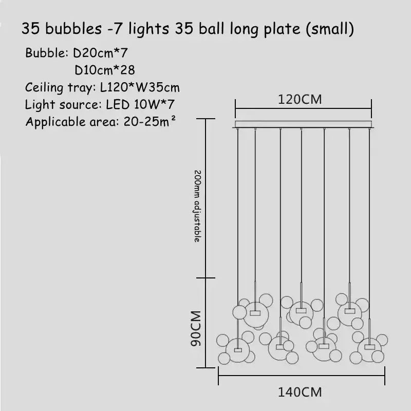 Modern gold decorbites glass bubble chandelier with 35 glass bubbles and seven led lights for dining room decor