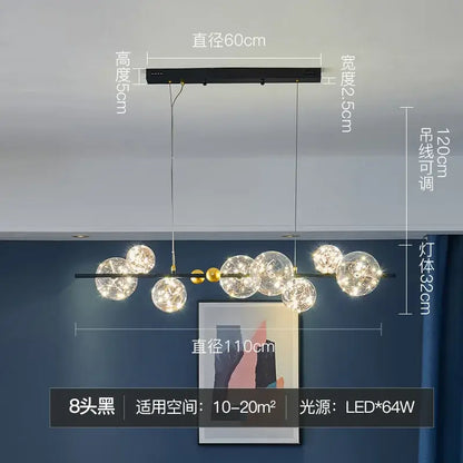Modern black metal chandelier with eight clear glass globes and gold accents for dining room decorbites glass bubble led